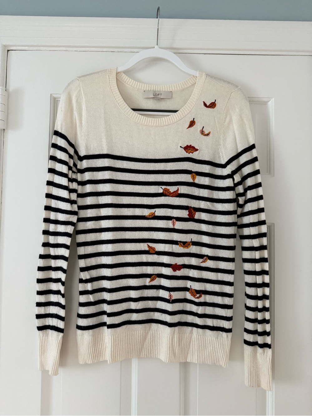 LOFT Cream Sweater with Black Stripes and Autumn Leaf Embroidery